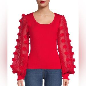 No Boundaries | Red Ribbed Scoop Neck w/ Sheer Floral Bell Sleeves - Size Small